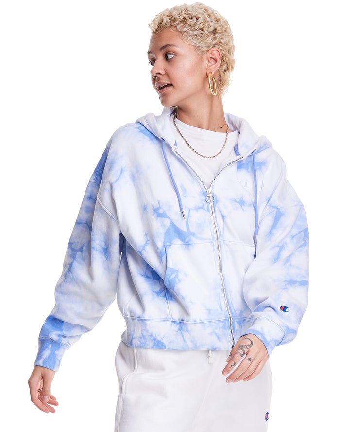 Sudadera Con Capucha Champion Mujer - Galaxy Dye Full Zip Boxy Embroidered C Logo ( Blancas/Azules )